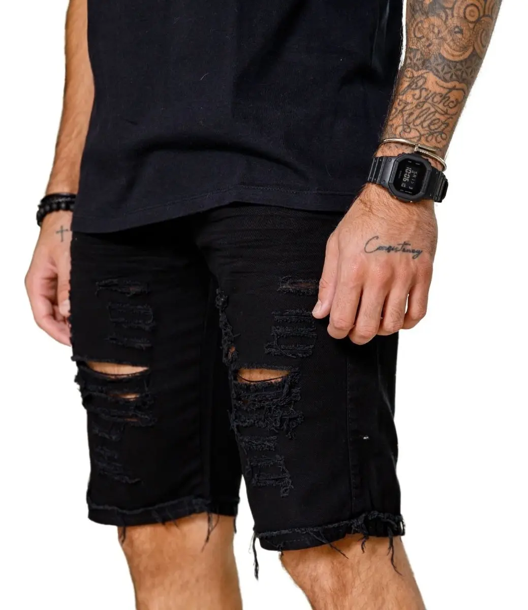 Bermuda Jeans Masculina Rasgada Destroyed Linha Gold Verão