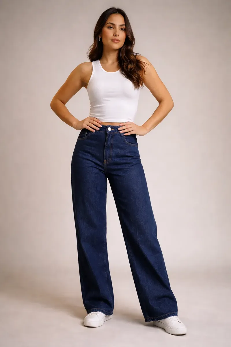 Calça Jeans Wide Leg Feminina Cintura Alta